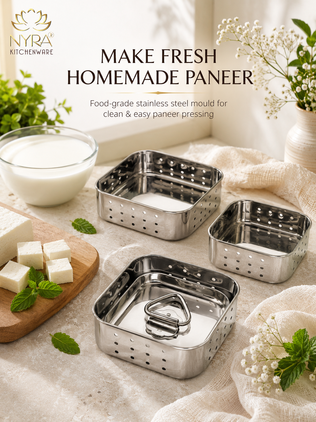 Premium Stainless Steel-square Paneer Maker | Mould & Strainer with Top Press Lid for Homemade Paneer