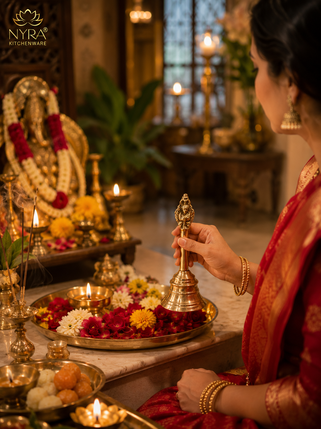 A woman in a red traditional outfit holds a brass lamp during a ritual ceremony. In the foreground, a marble altar is decorated with flowers, brass lamps, and a brass pot, with a large brass statue of Ganesha blurred in the background.