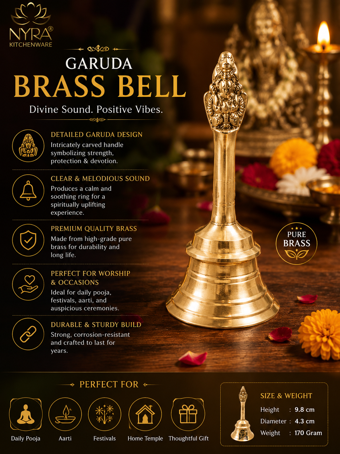 A brass Garuda bell with an ornate handle, displayed on a dark wooden surface with lit candles and marigold flowers in the background. The image includes promotional text and icons on a dark brown background, detailing the product's features, made from high-grade brass, and its suitability for various spiritual ceremonies.