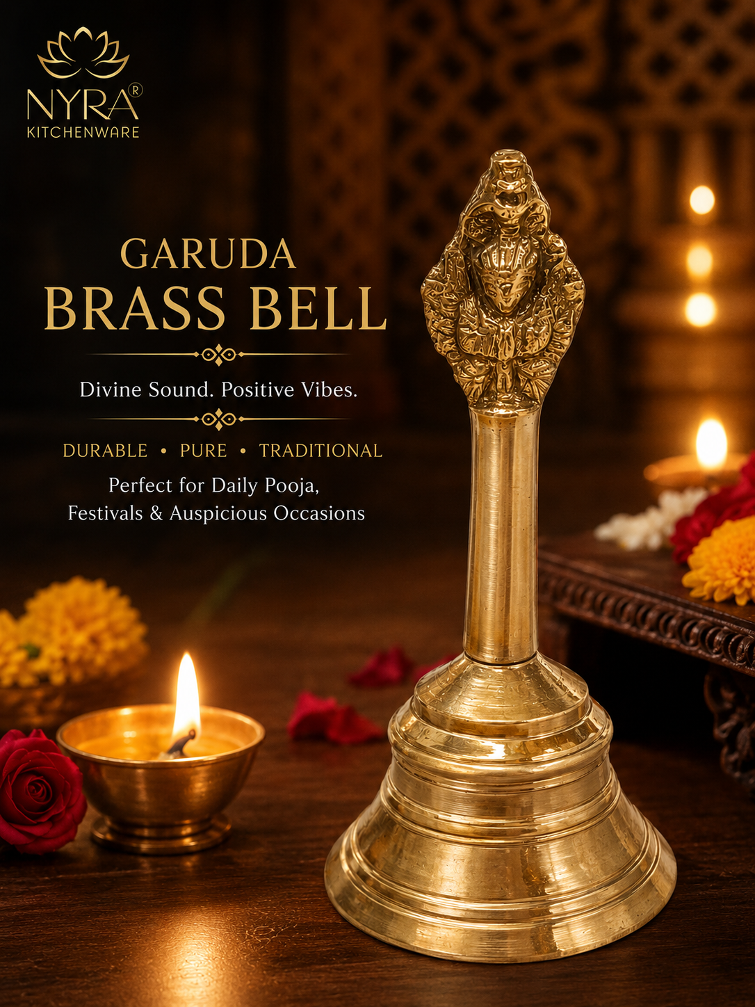 A brass Garuda bell from NYRA Kitchenware, displayed on a dark wooden surface with lit oil lamps and decorative flowers in the background, with product text on the left.