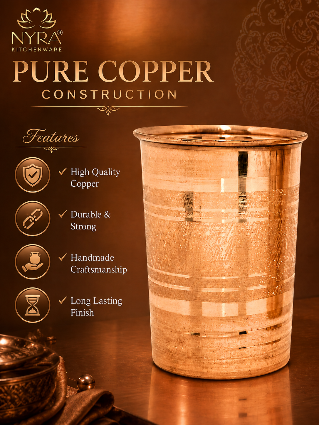 Handmade Copper Glass/Tumbler - Ayurvedic Health Benefits | Traditional Tamba Drinkware for Daily Use