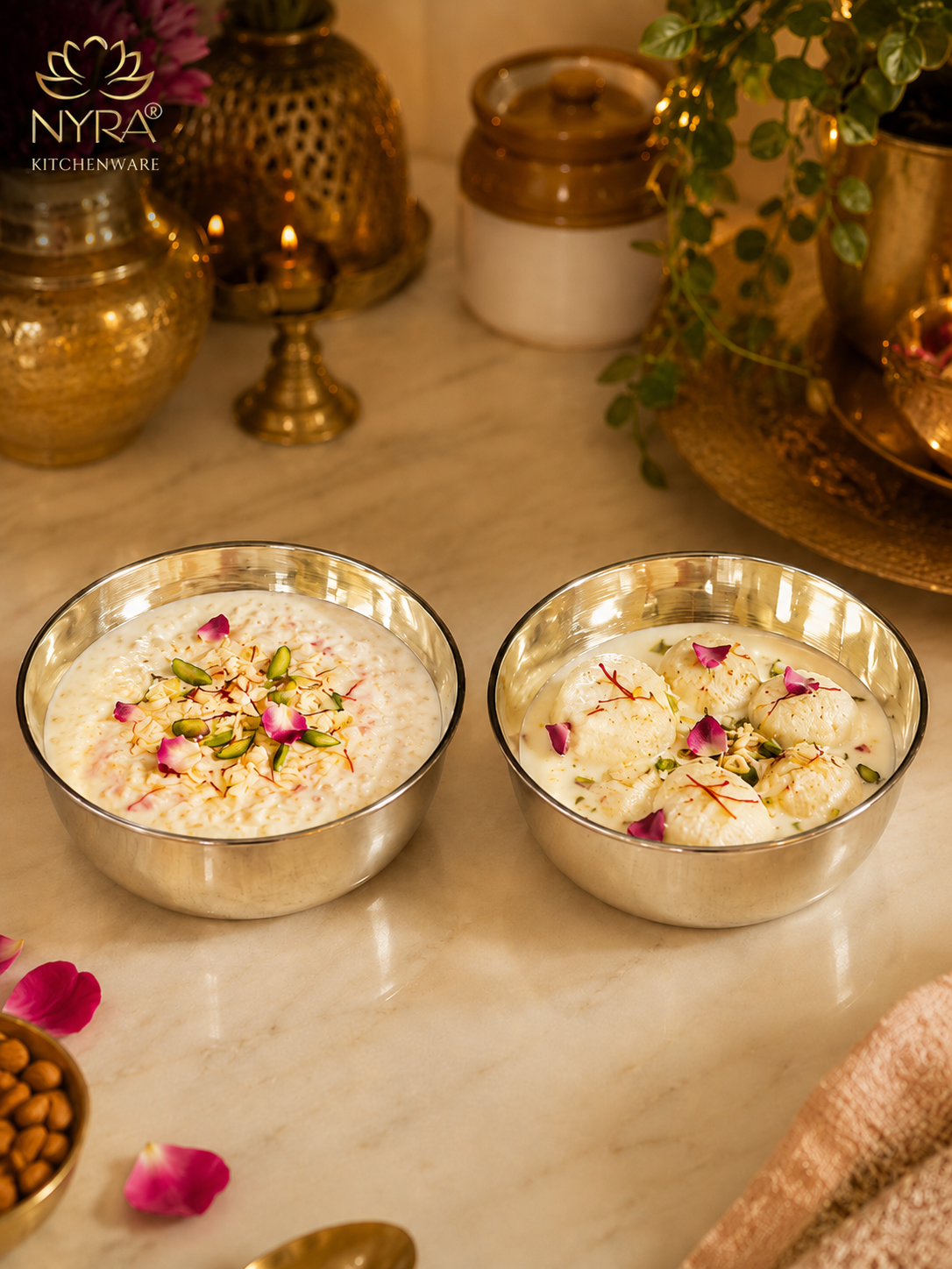 Two stainless steel bowls filled with a creamy dessert, garnished with pistachios and rose petals, set on a marble surface with decorative brass vessels in the background. The NYRA Kitchenware logo is visible in the top left corner.