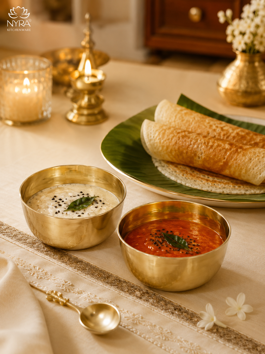 A styled Indian meal setup featuring two brass bowls of chutney (one creamy white, one reddish-orange) with black sesame seeds and green chives, alongside rolled dosas on a banana leaf plate, set on a decorated table with brass lamps and a NYRA logo in the corner.