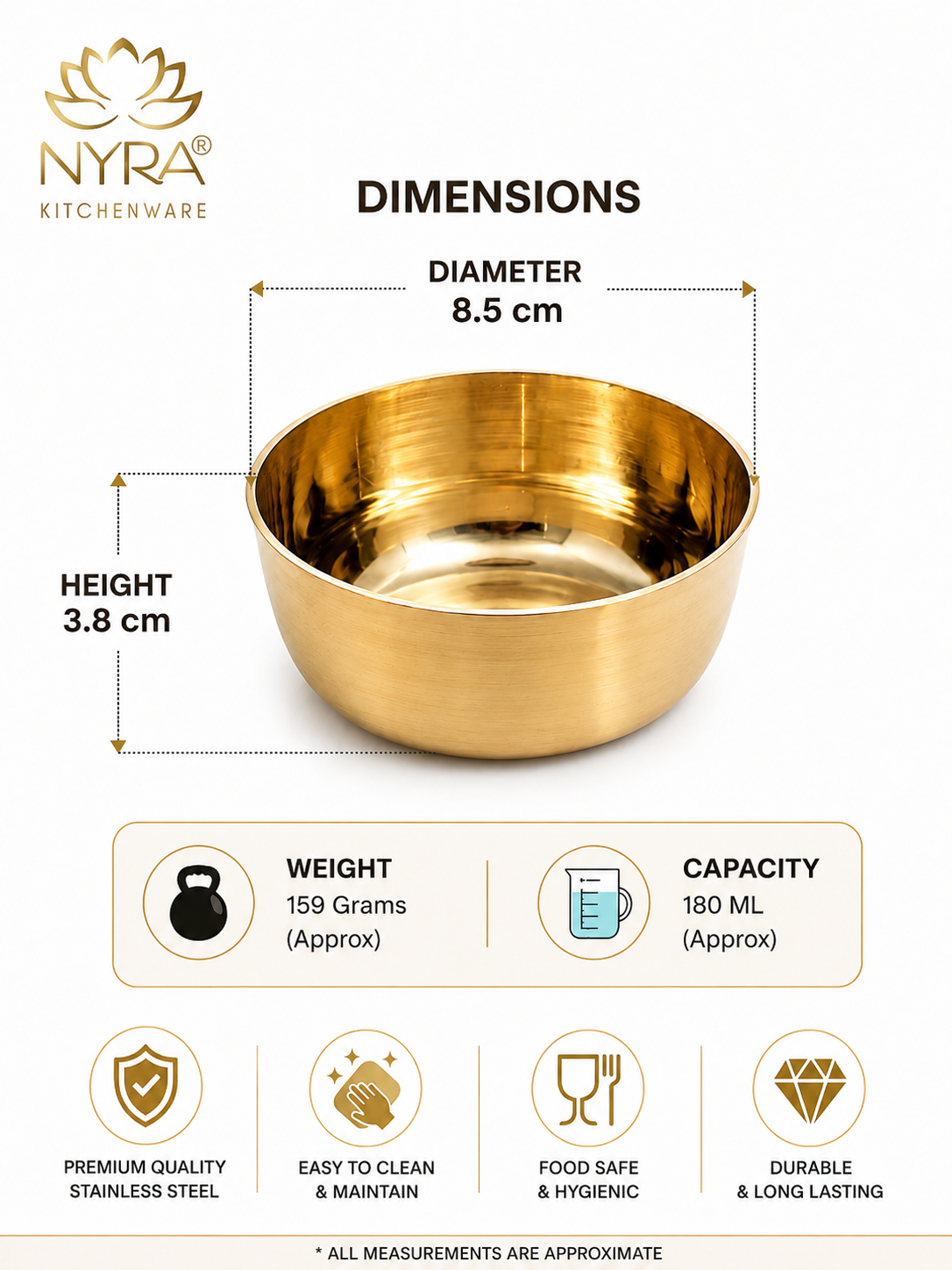 Gold-colored stainless steel bowl with dimensions, weight, and capacity details on a white background. The image features the NYRA Kitchenware logo and includes a central diagram showing the bowl's diameter of 8.