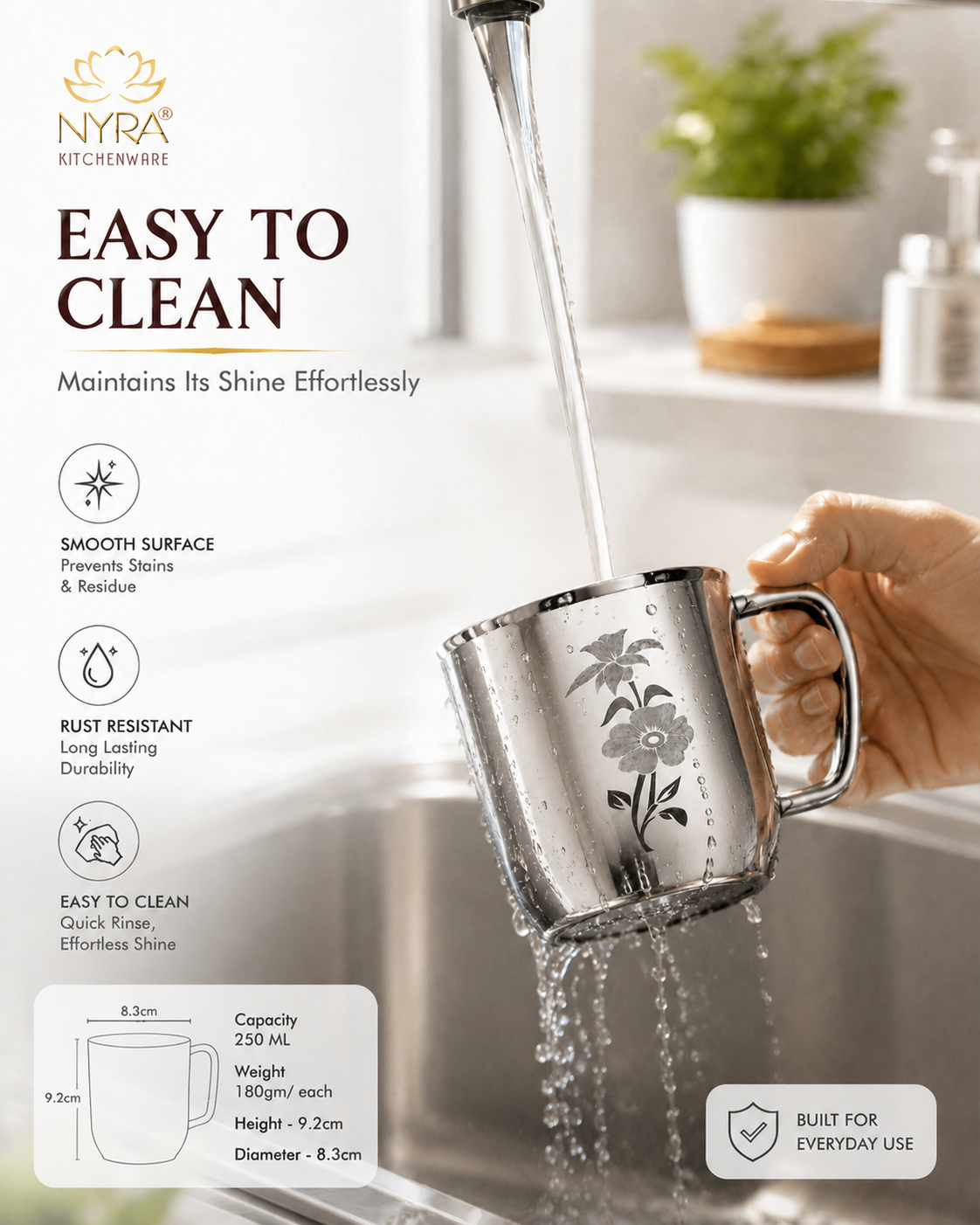 Stainless Steel Glossy Finish Cups with Laser Print & Riveted Handles - Set of 2