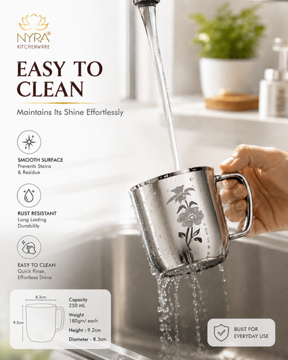 Stainless Steel Glossy Finish Cups with Laser Print & Riveted Handles - Set of 2
