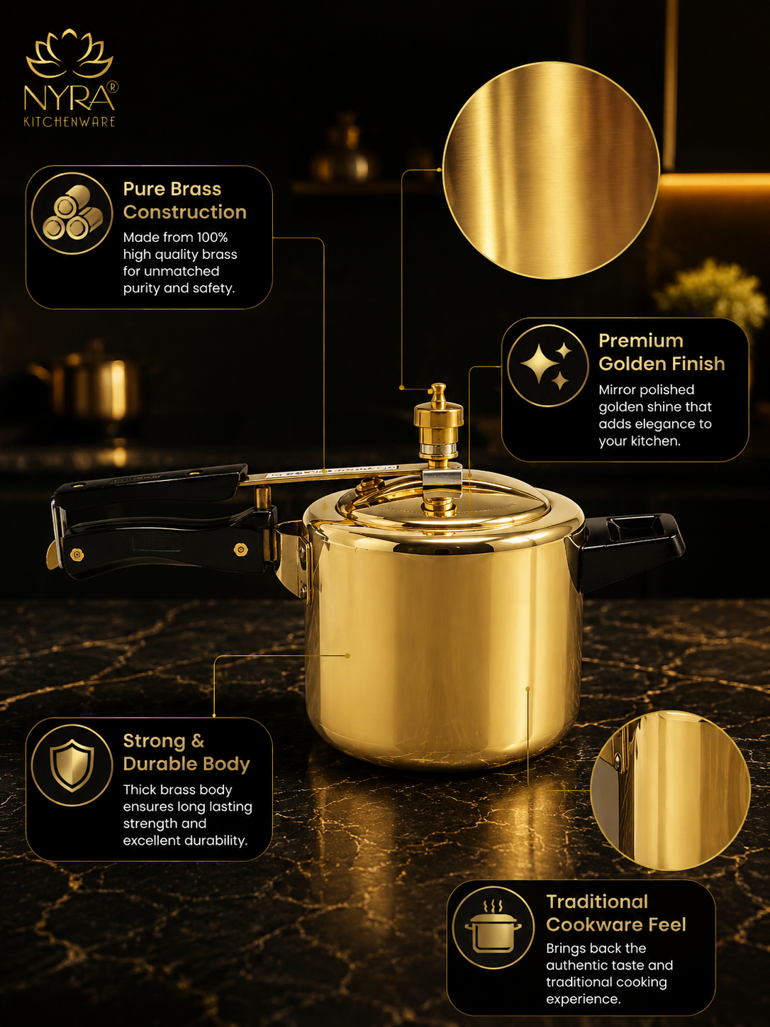 Pure Brass Cooker with Kalai/Tin Coating-Inner Lid Pressure Cooker