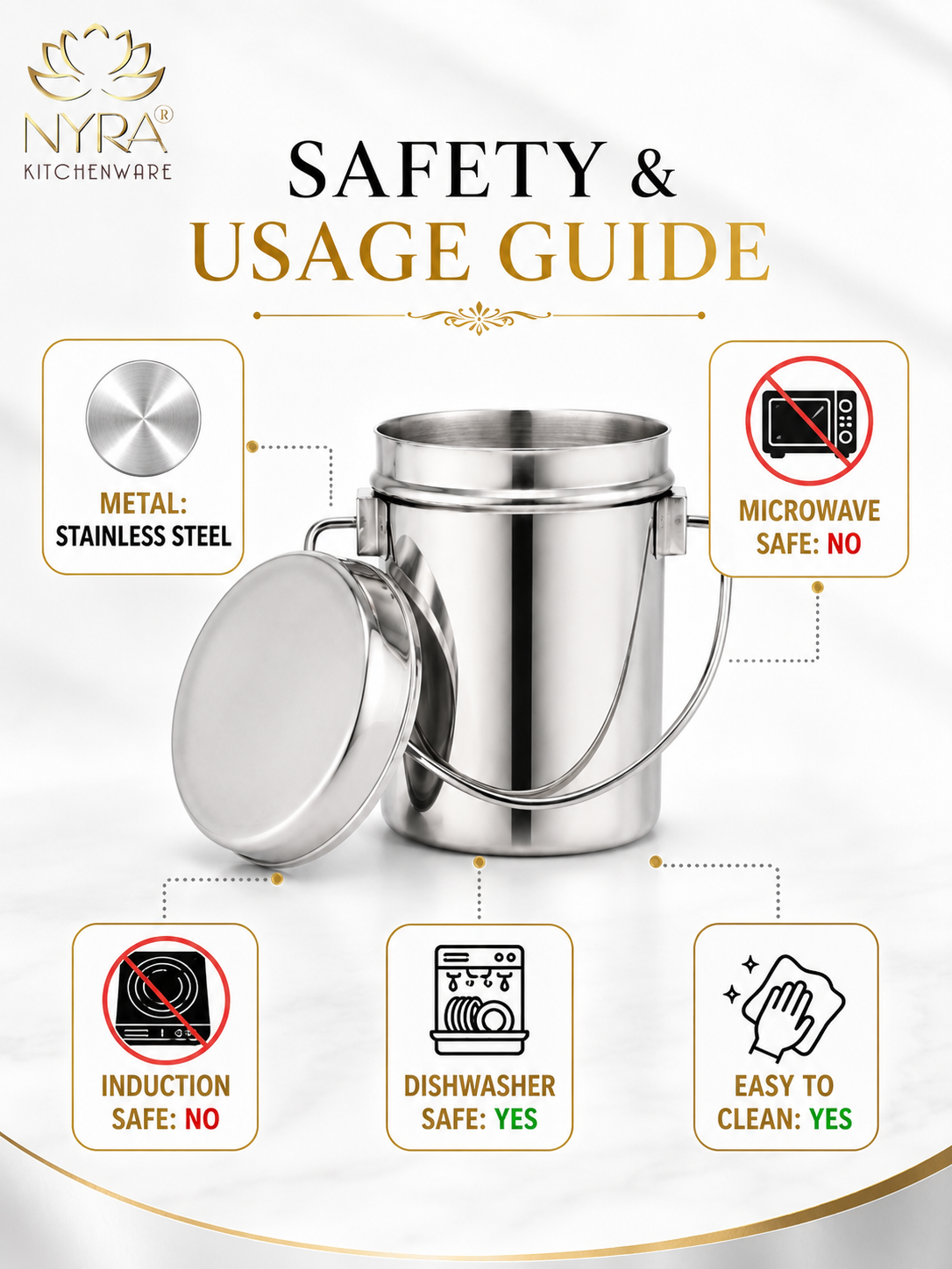 Stainless Steel Milk Pot with Lid (Dolchi/Barni) – Glossy finish, Rust-Proof & Flat Bottom Storage Container