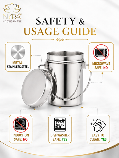 Stainless Steel Milk Pot with Lid (Dolchi/Barni) – Glossy finish, Rust-Proof & Flat Bottom Storage Container