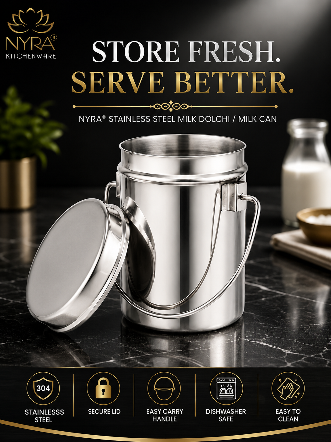Stainless Steel Milk Pot with Lid (Dolchi/Barni) – Glossy finish, Rust-Proof & Flat Bottom Storage Container