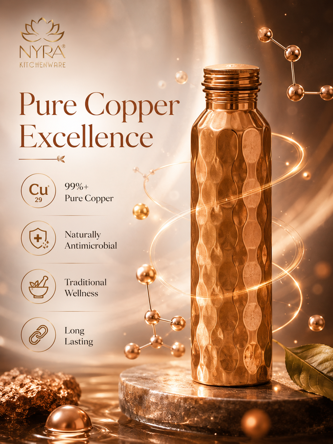 Pure Copper Hammered Water Bottle – Mirror Finish, Leak-Proof & Ayurvedic Health Benefits