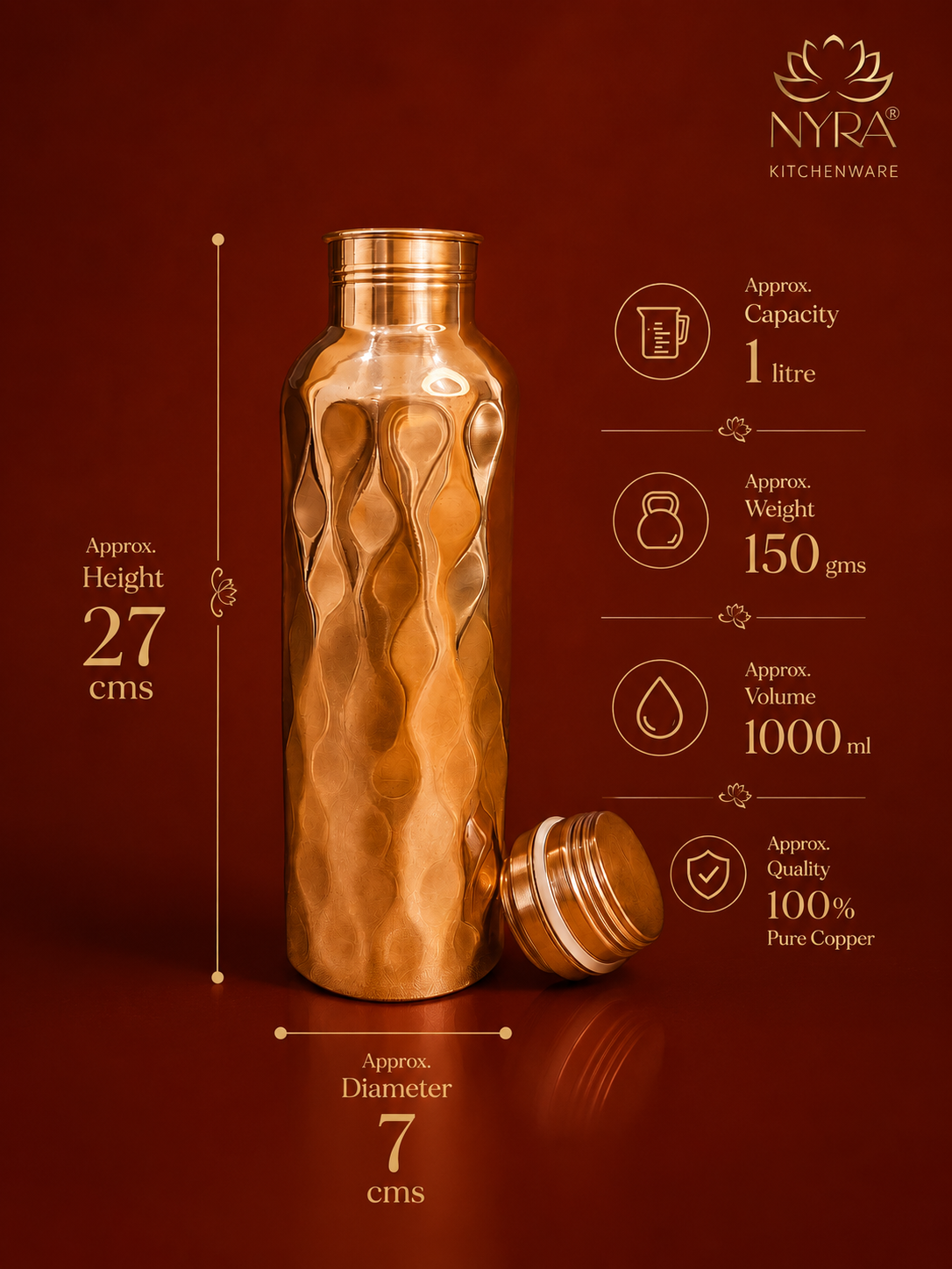 Pure Copper Hammered Water Bottle – Mirror Finish, Leak-Proof & Ayurvedic Health Benefits