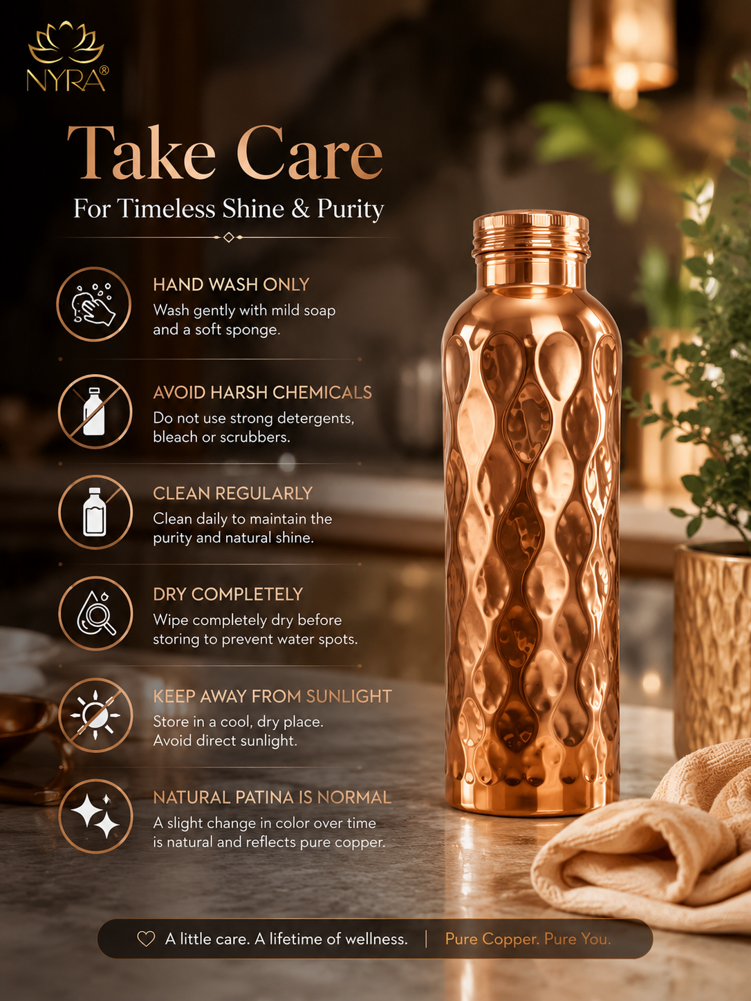 Pure Copper Hammered Water Bottle – Mirror Finish, Leak-Proof & Ayurvedic Health Benefits