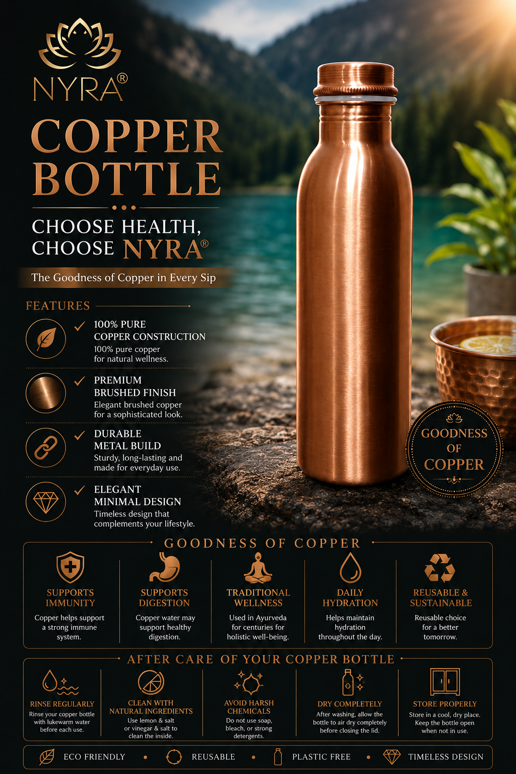 Pure Copper Water Bottle |  Copper Bottle with Polished finish | Traditional Bottle with sleek & modern design