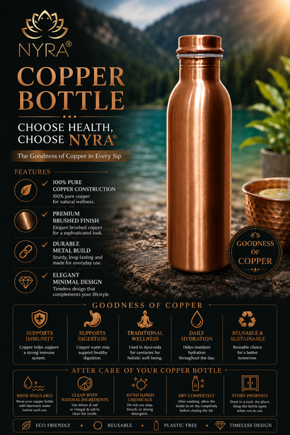 Pure Copper Water Bottle |  Copper Bottle with Polished finish | Traditional Bottle with sleek & modern design