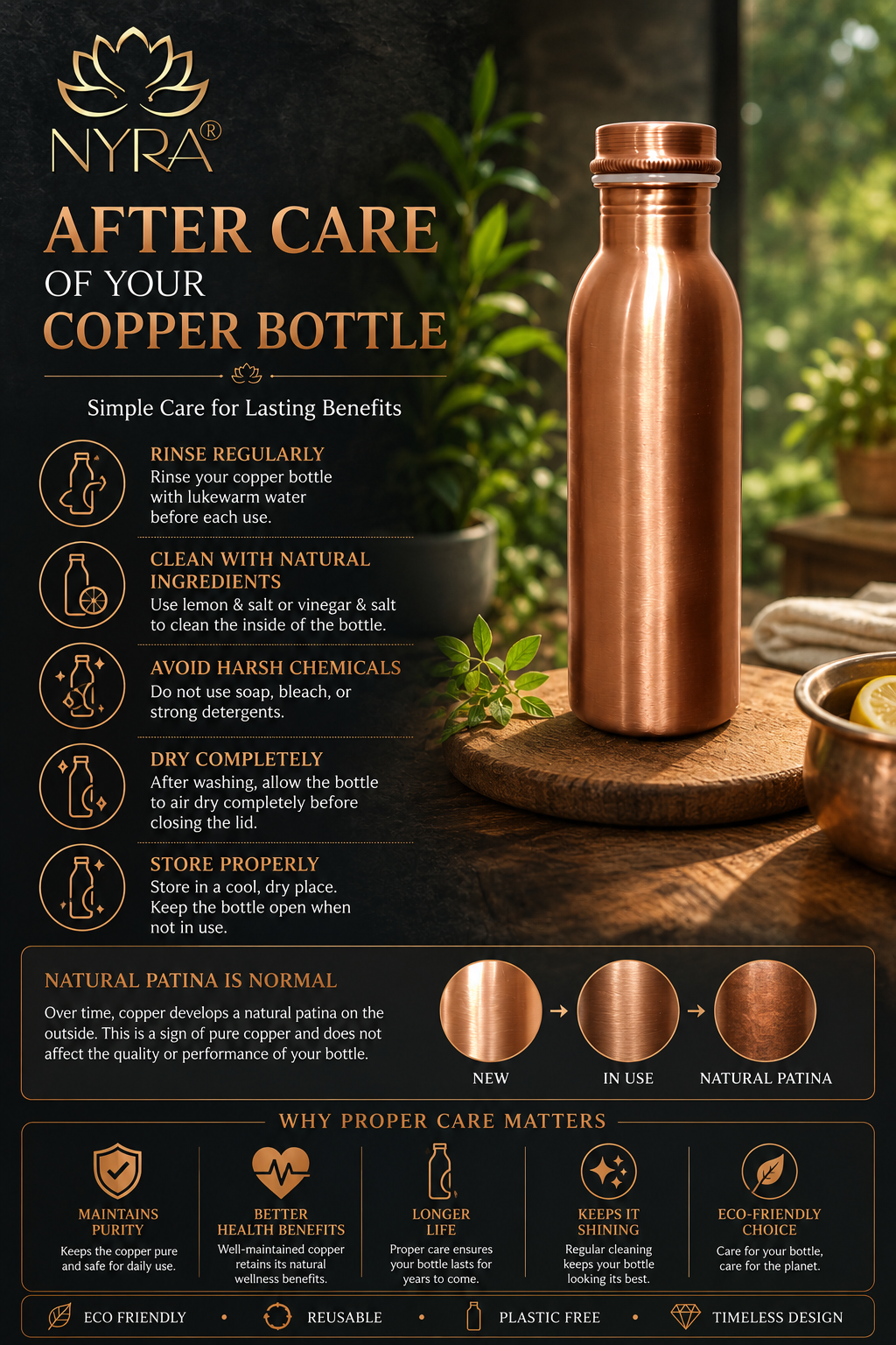 Pure Copper Water Bottle |  Copper Bottle with Polished finish | Traditional Bottle with sleek & modern design