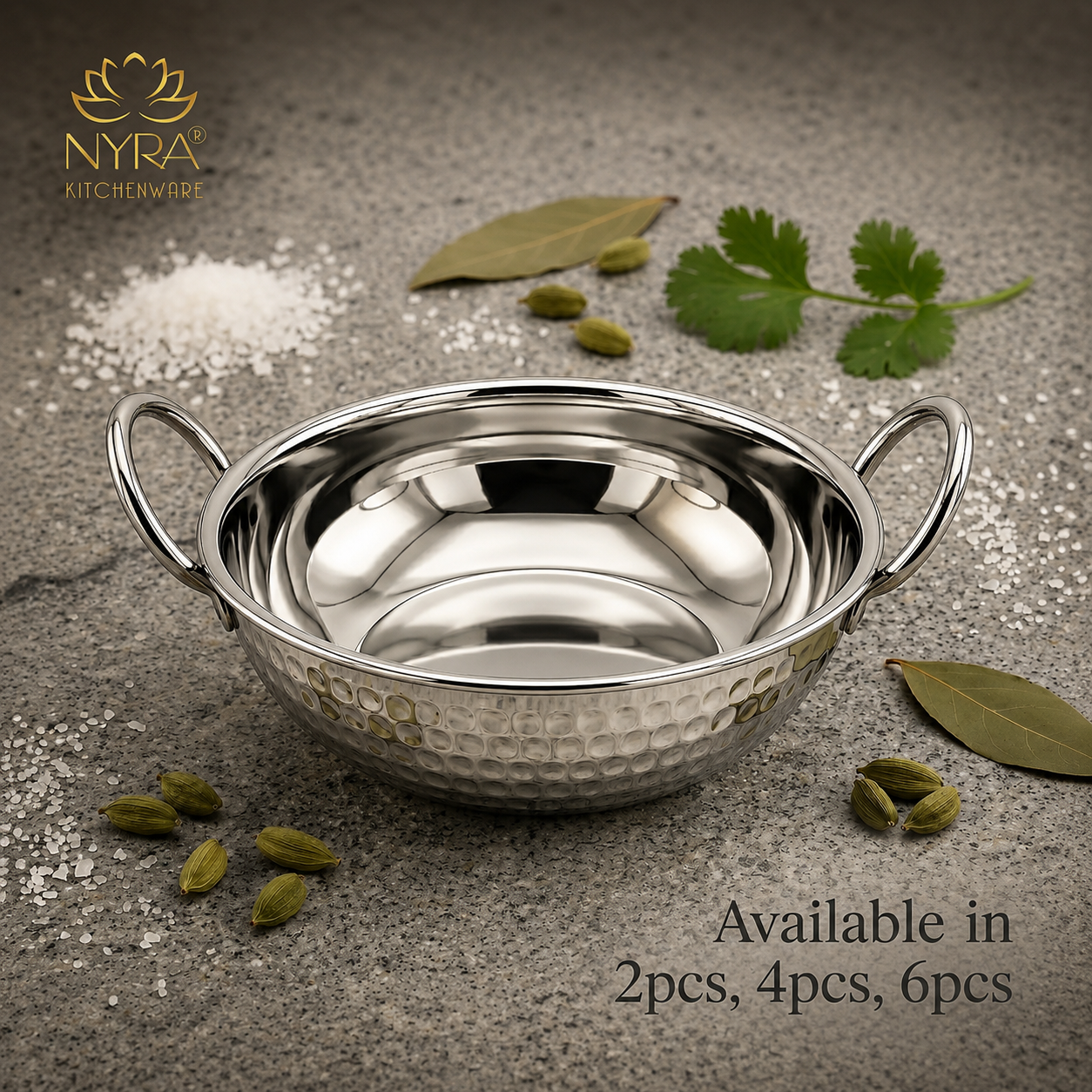 Stainless Steel Hammered Finish Kadhai with Handles – Premium Serveware Set