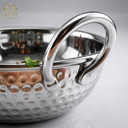 Stainless Steel Hammered Finish Kadhai with Handles – Premium Serveware Set
