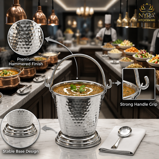 Stainless Steel mini-serving Balti | Hammered Design Serving Bucket - Traditional Serveware for Home, Restaurants & Dhabas