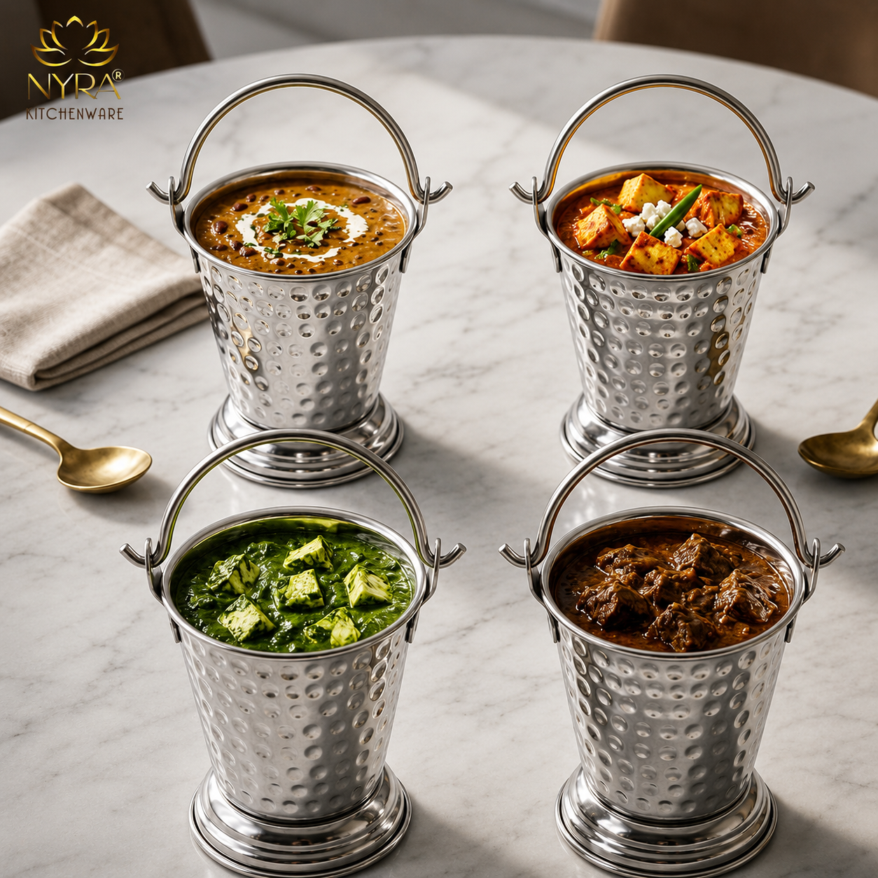 Stainless Steel mini-serving Balti | Hammered Design Serving Bucket - Traditional Serveware for Home, Restaurants & Dhabas