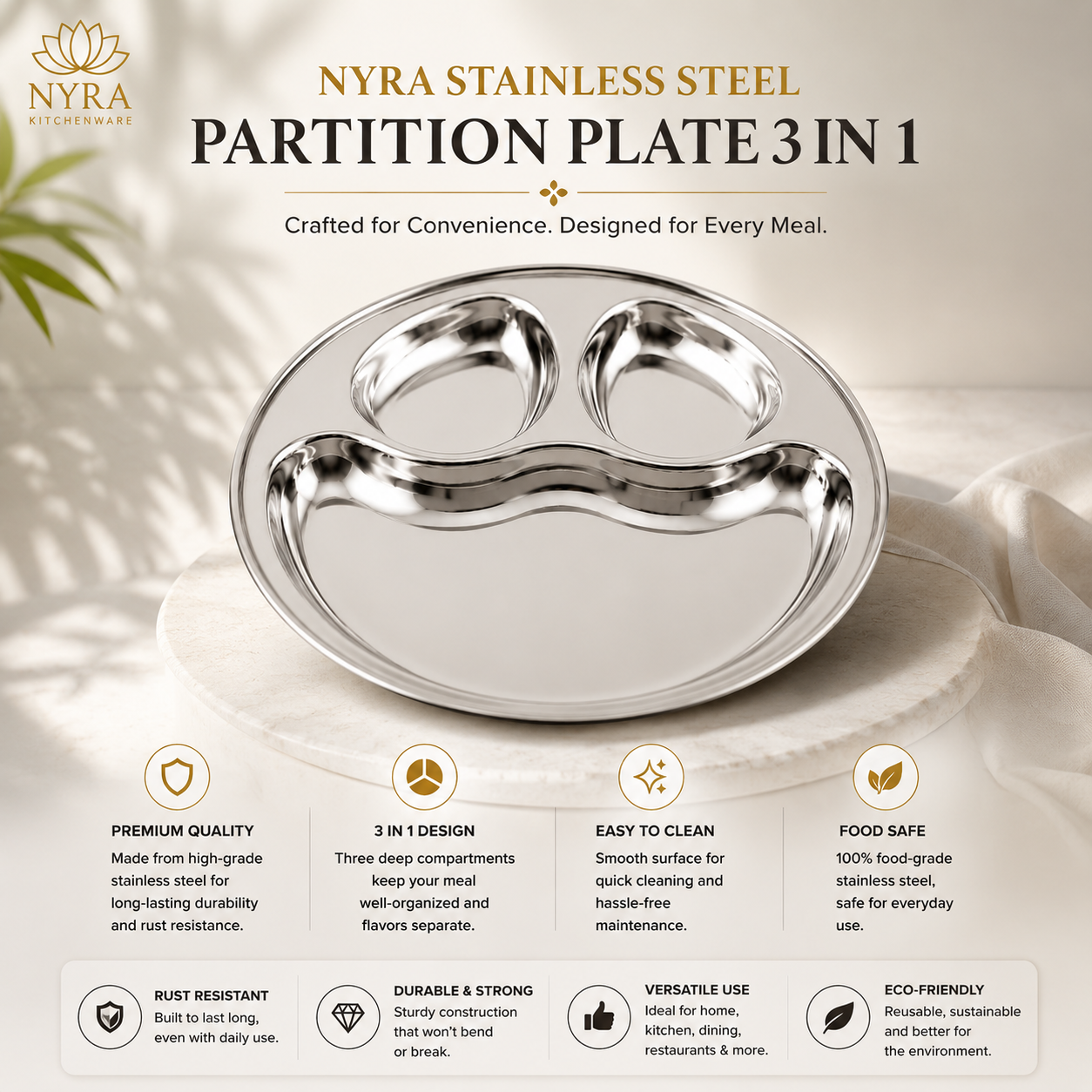 Stainless Steel Partition Plate | 3 in 1 Compartment Bhojan Thali |