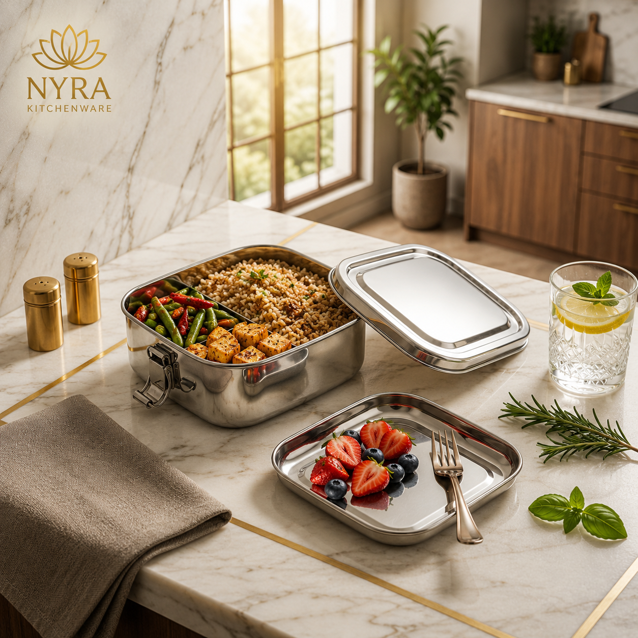 Stainless steel Double Decker tiffin box | Square Shaped with clip lid | Airtight Leakproof