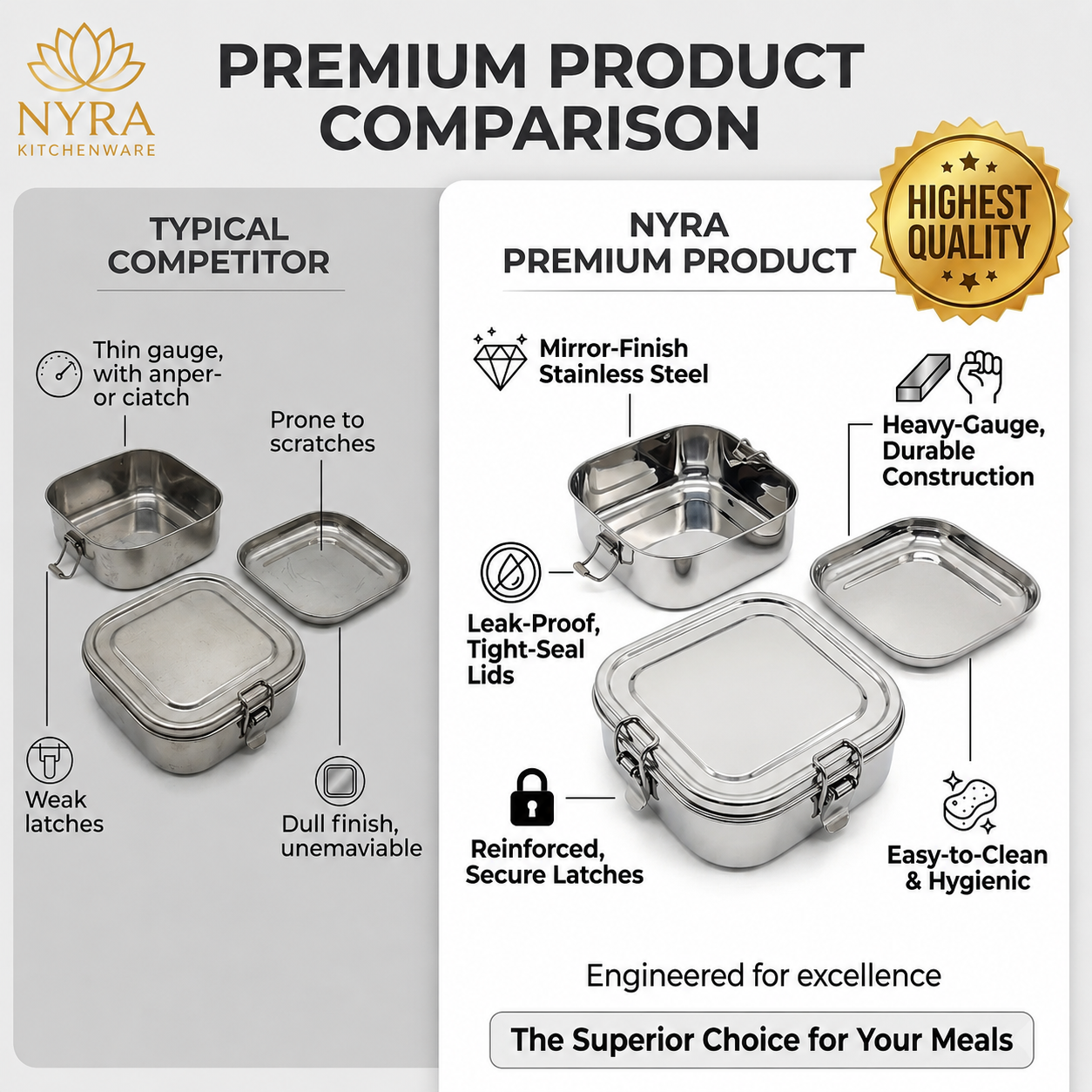 Stainless steel Double Decker tiffin box | Square Shaped with clip lid | Airtight Leakproof