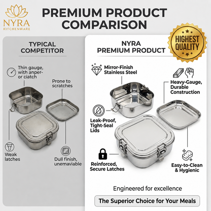 Stainless steel Double Decker tiffin box | Square Shaped with clip lid | Airtight Leakproof