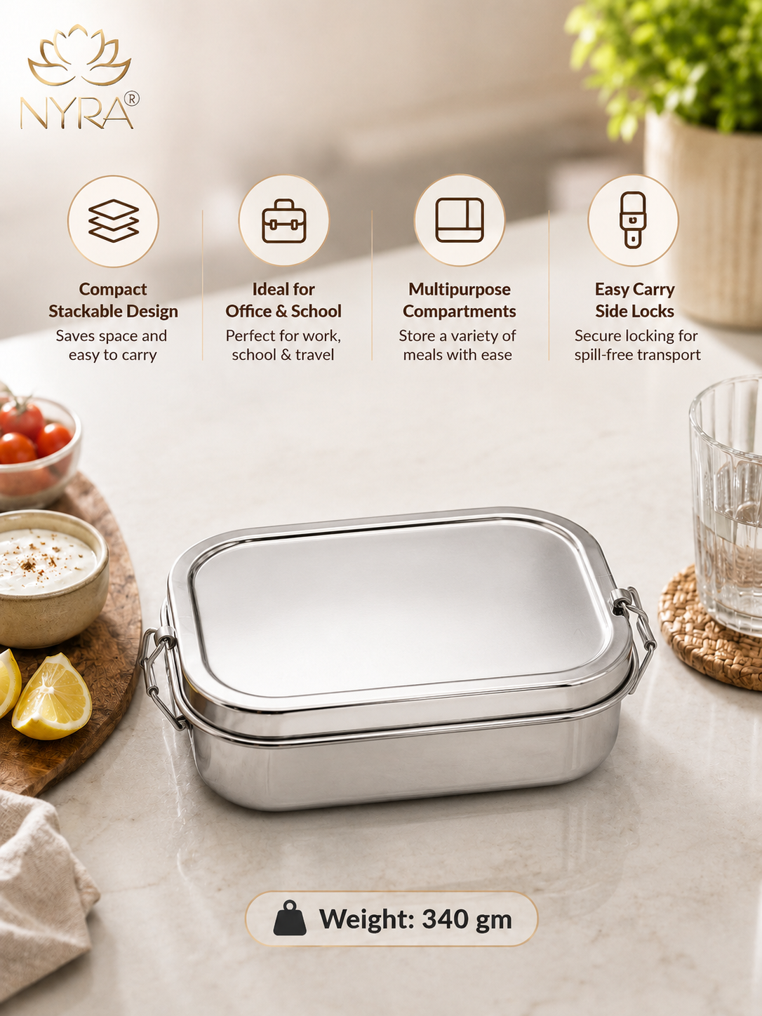Stainless Steel Rectangular Lunch Box | Leak-Proof Tiffin with Inner Container & Locking Clip