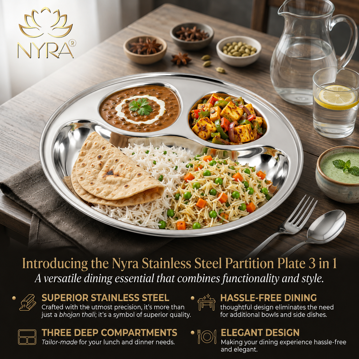 Stainless Steel Partition Plate | 3 in 1 Compartment Bhojan Thali |