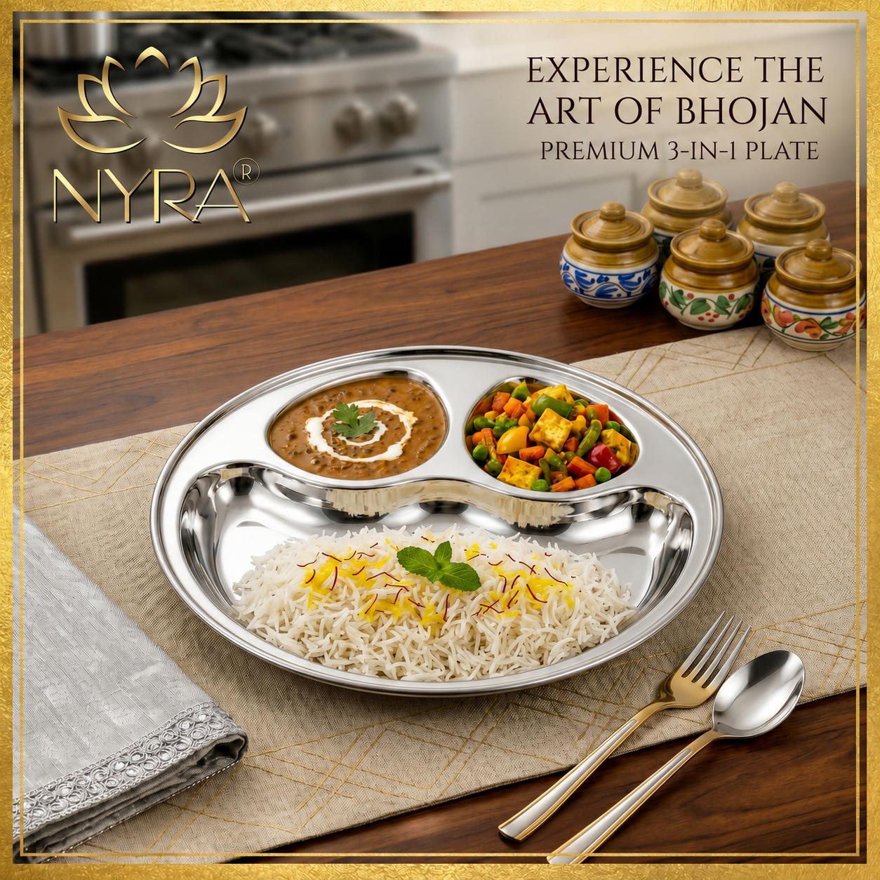 Stainless Steel Partition Plate | 3 in 1 Compartment Bhojan Thali |
