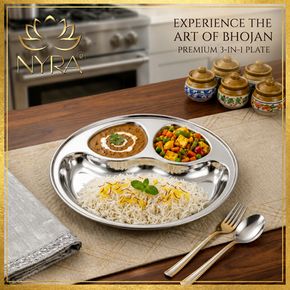 Stainless Steel Partition Plate | 3 in 1 Compartment Bhojan Thali |