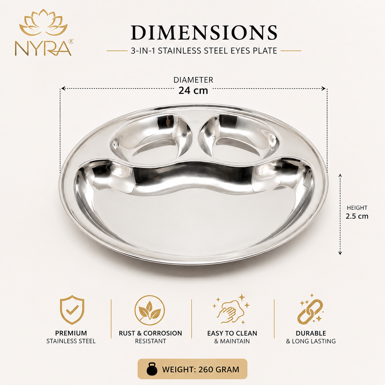 Stainless Steel Partition Plate | 3 in 1 Compartment Bhojan Thali |