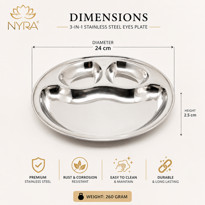 Stainless Steel Partition Plate | 3 in 1 Compartment Bhojan Thali |