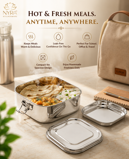 Stainless steel Double Decker tiffin box | Square Shaped with clip lid | Airtight Leakproof