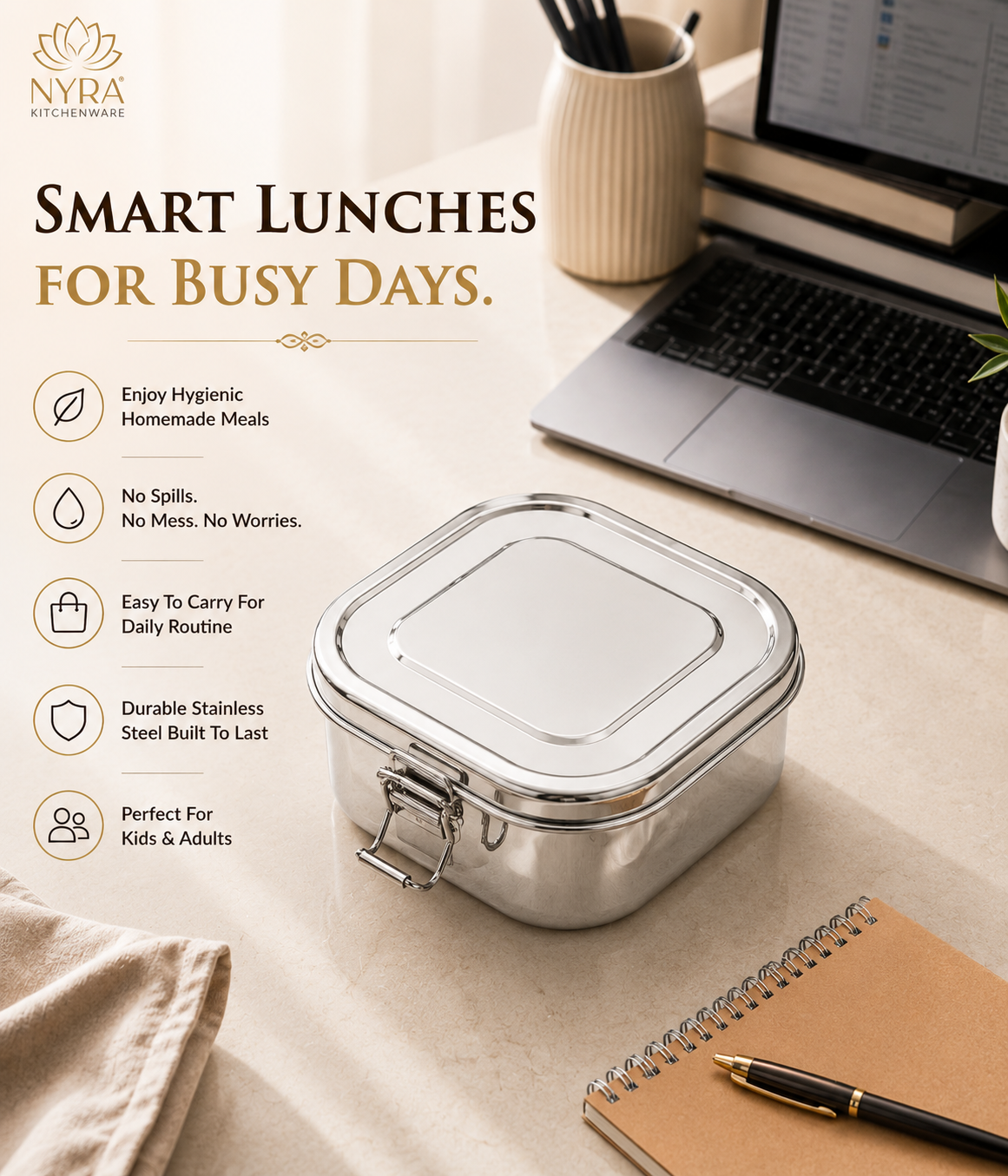 Stainless steel Double Decker tiffin box | Square Shaped with clip lid | Airtight Leakproof