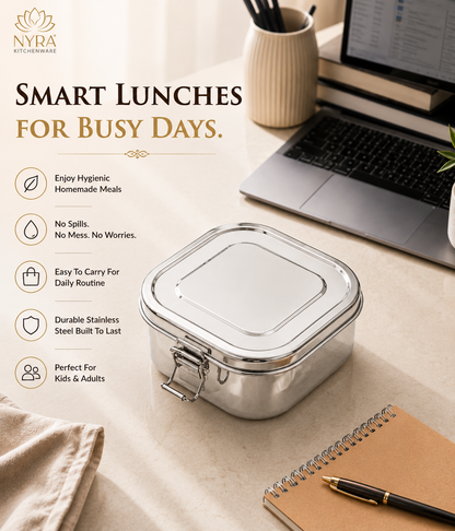 Stainless steel Double Decker tiffin box | Square Shaped with clip lid | Airtight Leakproof