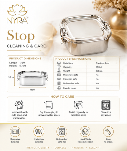 Stainless steel Double Decker tiffin box | Square Shaped with clip lid | Airtight Leakproof