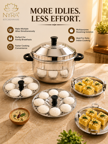Stainless Steel Idli Cooker - 5 Plates | 3-Tier Steamer for Idli & Multi-Purpose Use