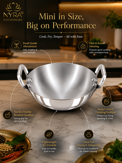 Silver wok with features highlighted on a kitchen counter, branded as Nyra Kitchenware.