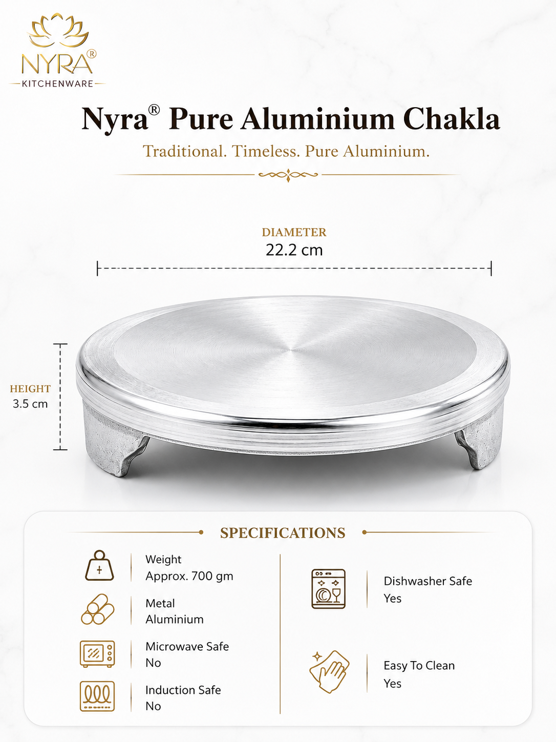 Nyra Pure Aluminium Chakla with dimensions and specifications on a white background