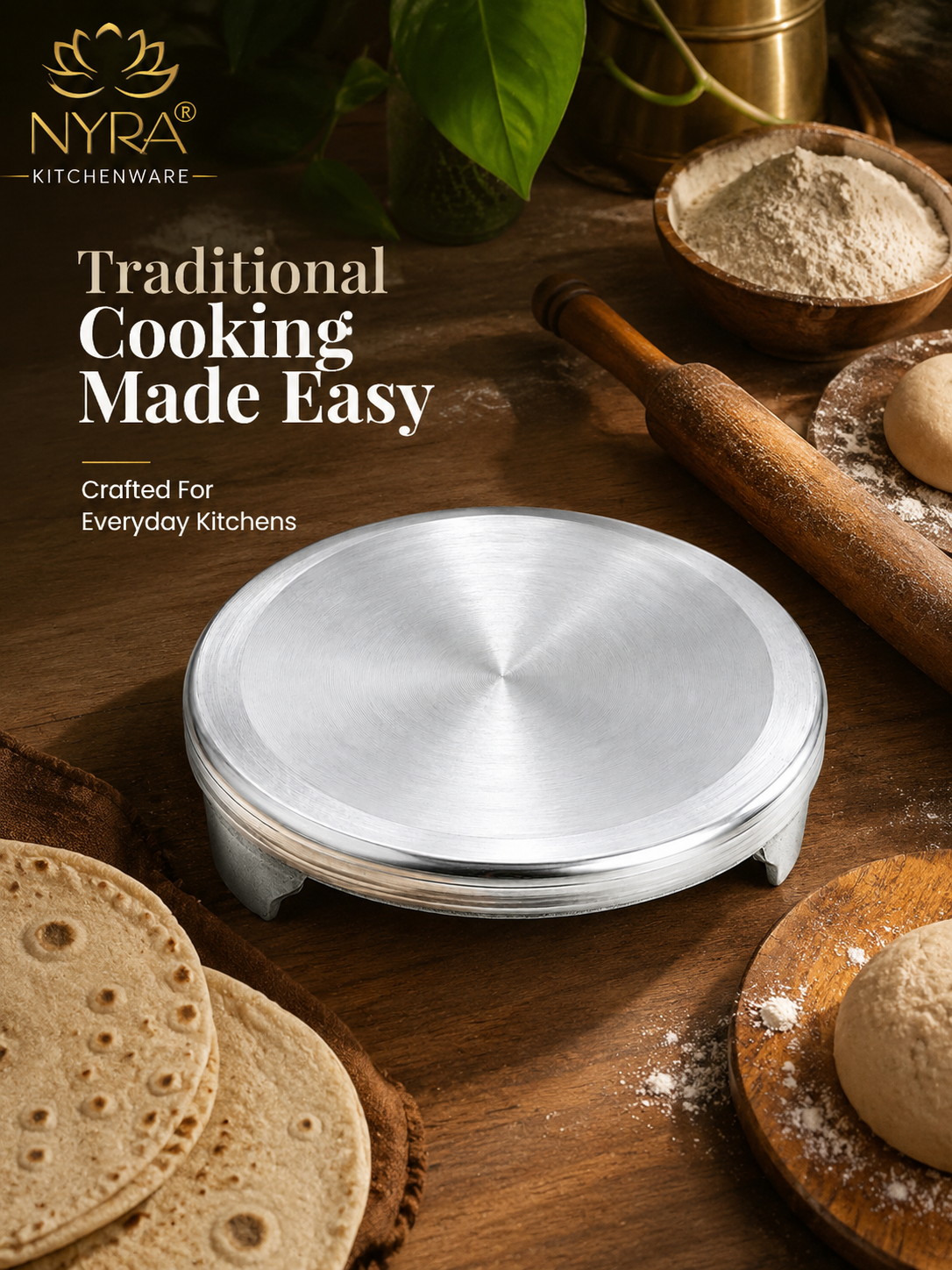 Nyra Kitchenware product on a wooden surface with baking ingredients and tools.