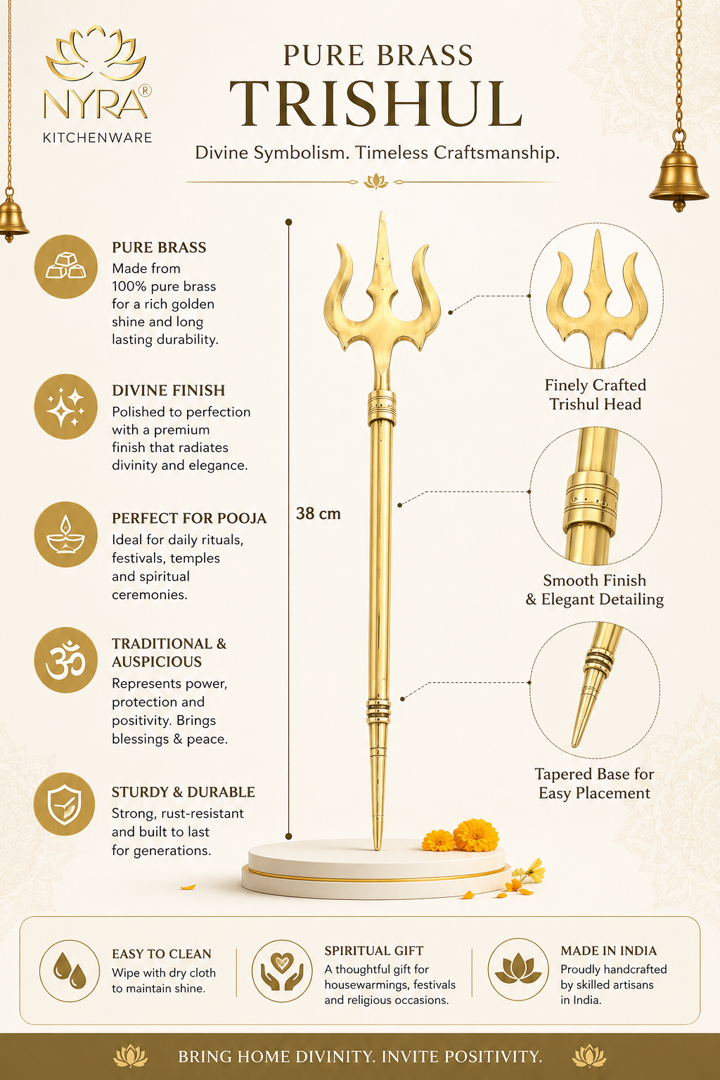 Pure Brass (Peetal) Trishul | Traditional Hindu Religious Symbol | Perfect for Home Temple, Pooja, and Festivals
