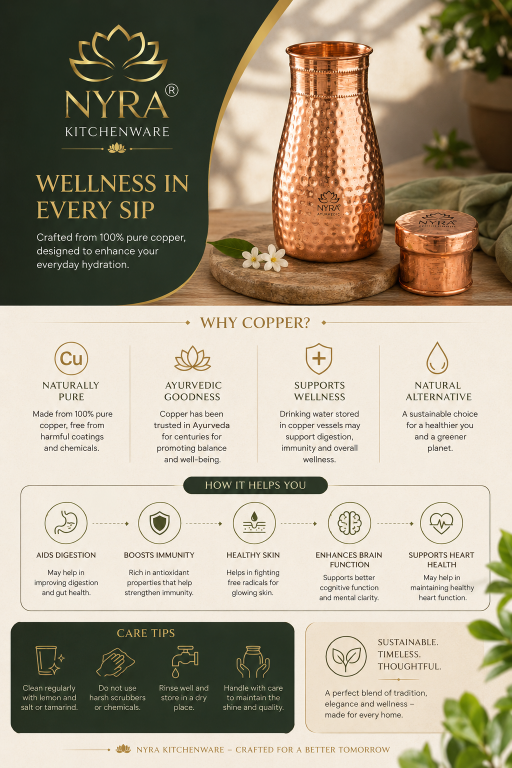 Pure Copper/Tamba Water Bottle | Hand-Hammered | Ayurvedic Health Benefits