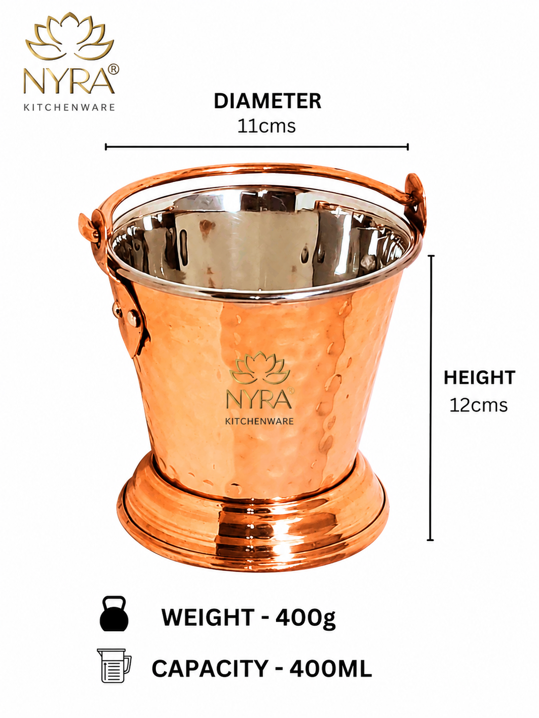 Copper Serving Bucket with Steel Insulated Interior | Traditional Indian Tableware/Serveware