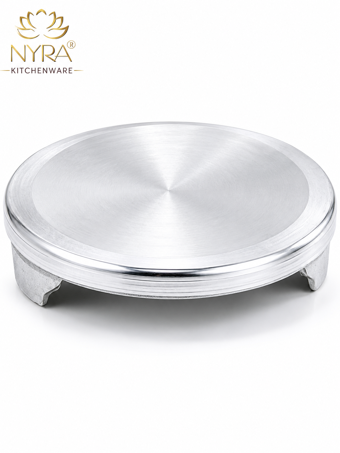 Silver metal tray with 'Nyra Kitchenware' logo on a white background