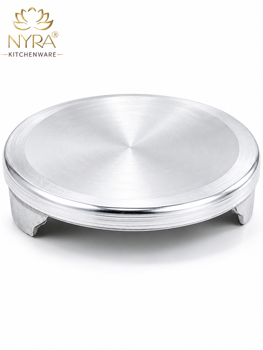 Silver metal tray with 'Nyra Kitchenware' logo on a white background