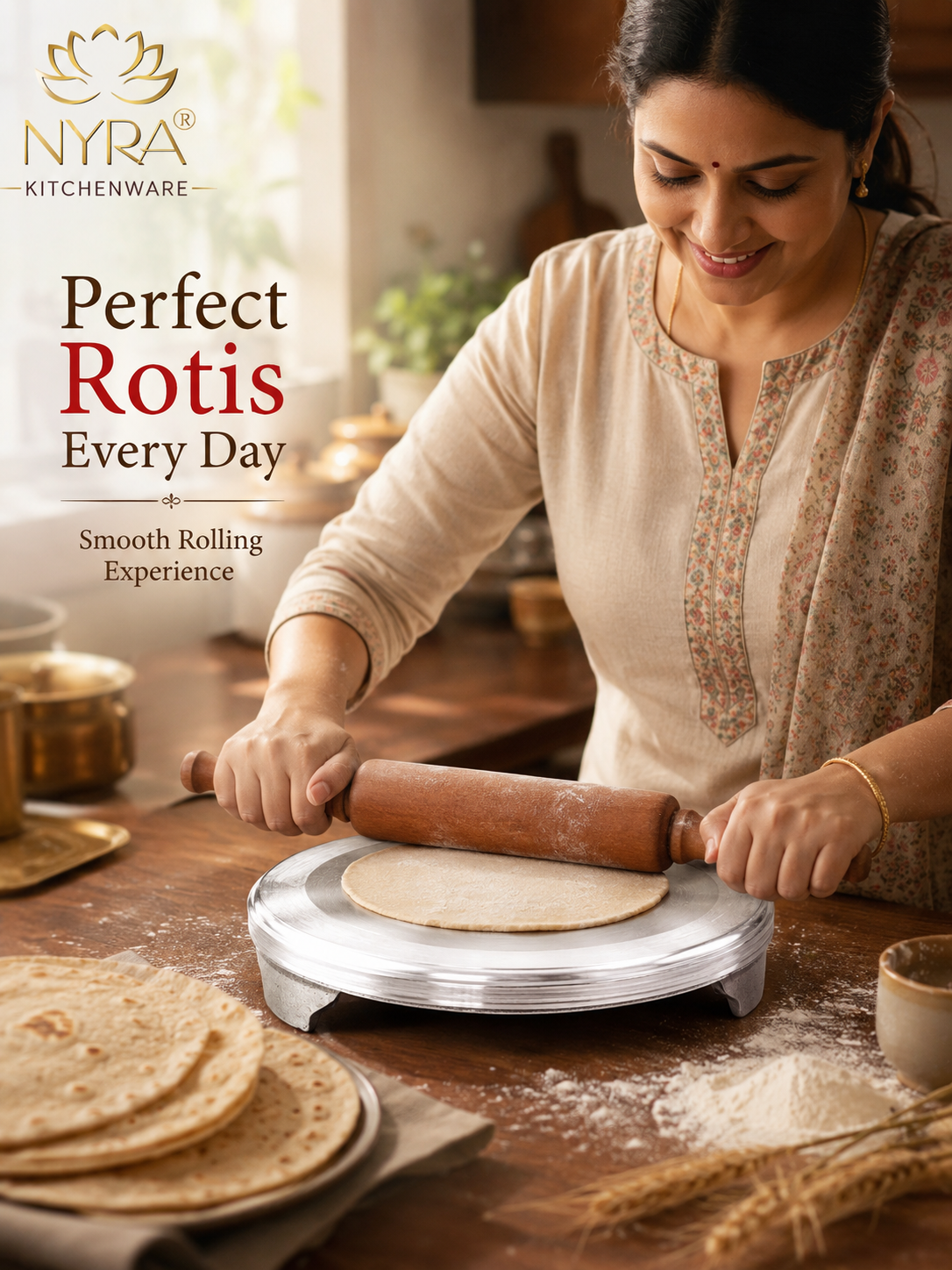 Woman rolling out dough with a rolling pin on a Nyra Kitchenware tortilla press.