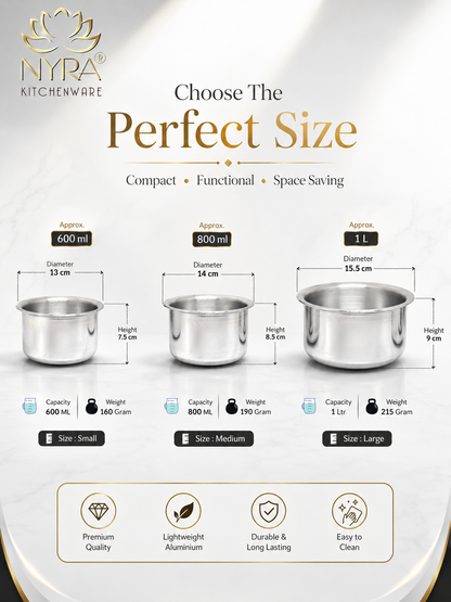 Nyra Kitchenware stainless steel pots with size comparison chart on a white background
