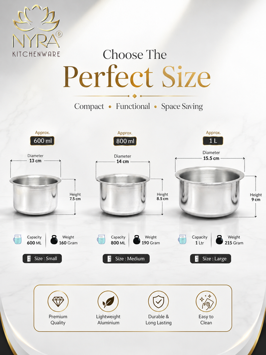 Nyra Kitchenware stainless steel pots with size comparison chart on a white background